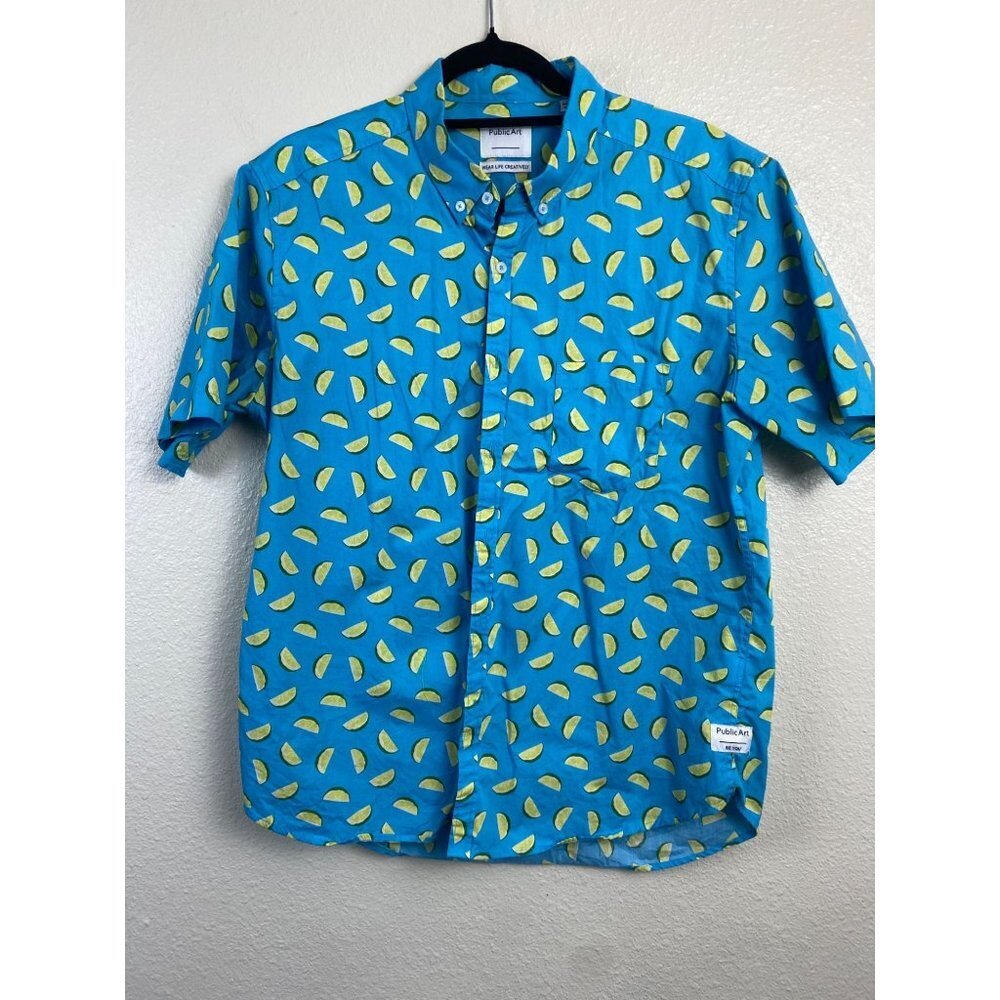 Public Art Mens Shirt size Large Blue Novelty Fruits Lemon Cotton Vacation Beach